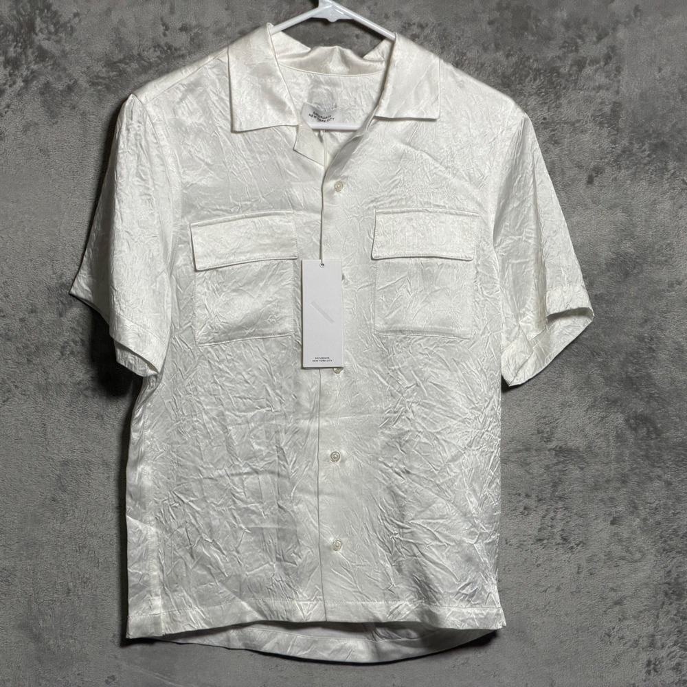 Saturdays NYC Shirt Mens XS Ivory White Canty Crinkled Satin Short Sleeve Casual